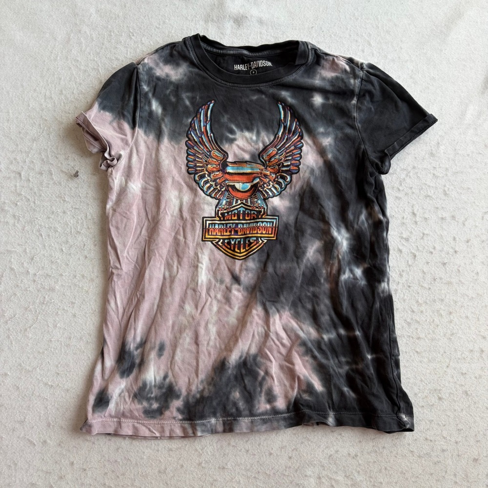 Harley-Davidson T-Shirt Womens Small Black Pink Tie Dye Graphic Eagle Logo